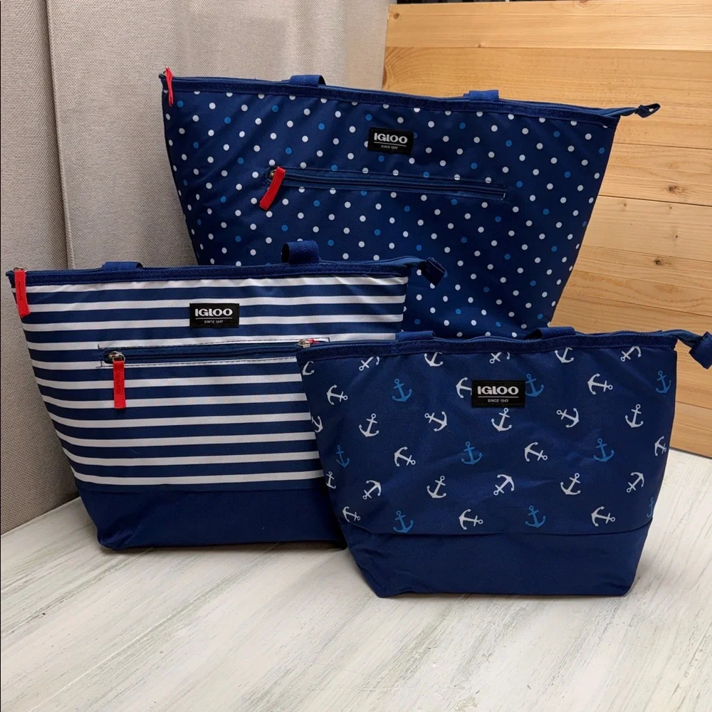 Igloo Insulated 3-Piece Trendy w/ Blue Anchors & Polka Dots Tote Set